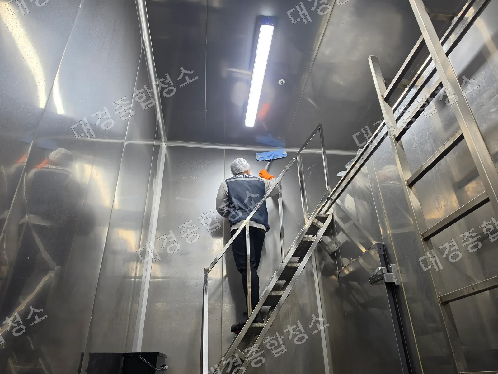 HACCP 위생 청소 중 사다리에 올라 식품공장 벽면을 세척하는 작업자